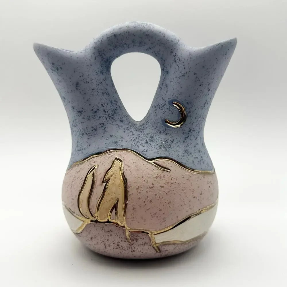 Vintage Native American Double Wedding Vase Blue Pink Wolf Howl Moon Marked 6”